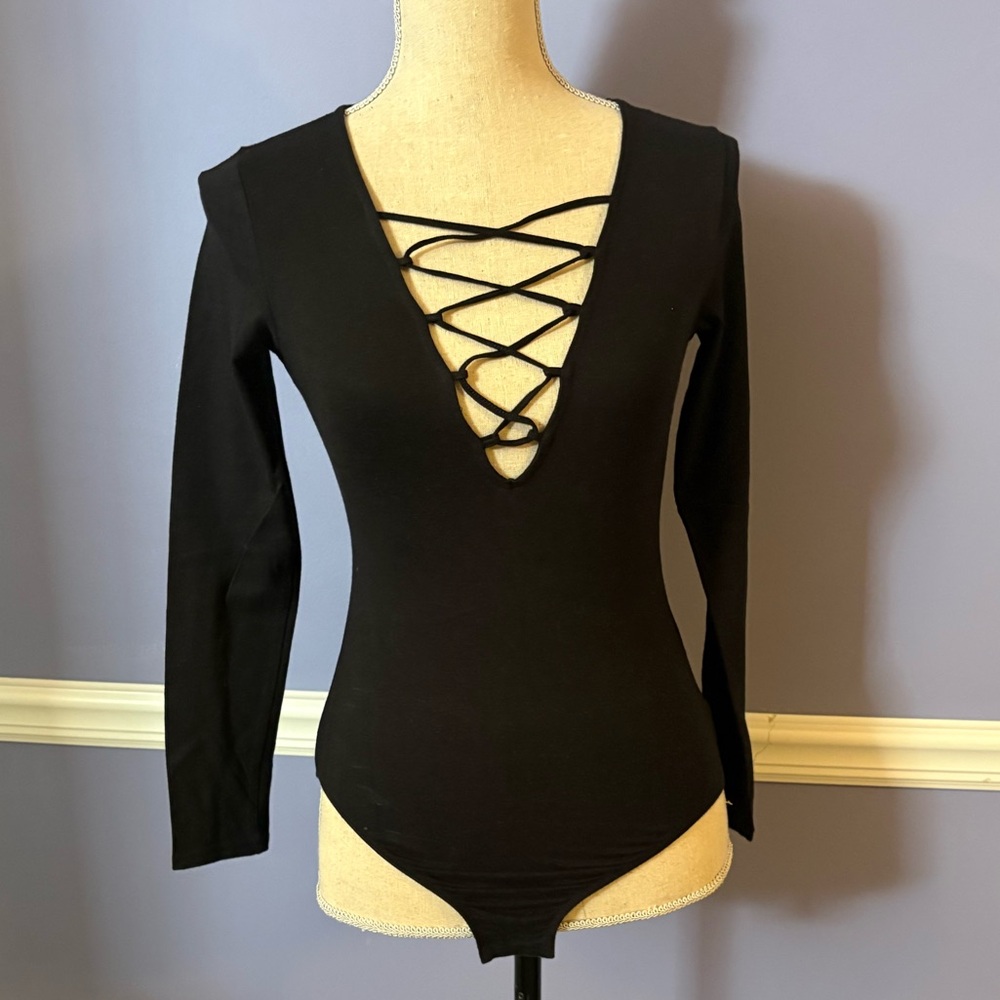 H&M Black V-Neck Lace-Up Bodysuit